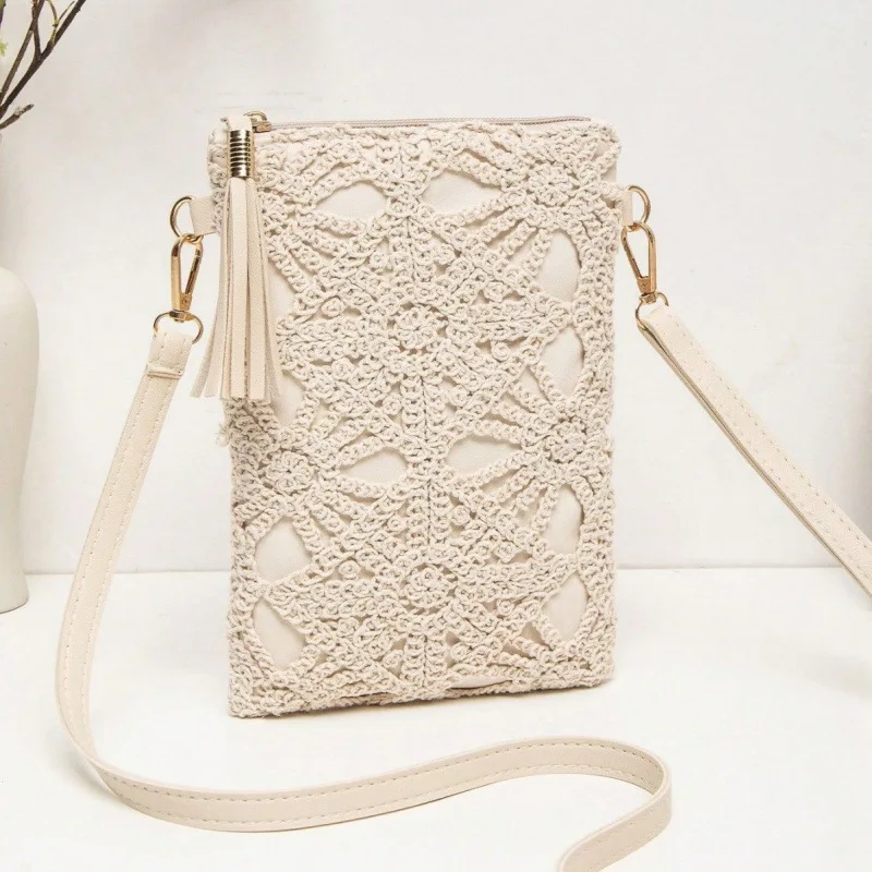 1pcs Single-shoulder crochet mesh woven bag peach-colored plush small and fresh handbag for holding mobile phones