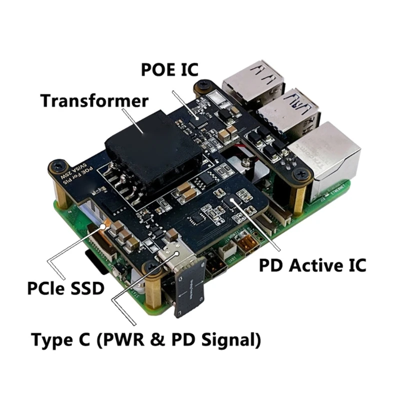 

Ethernet PCIe M.2 NVMe SSD Adapter Board For RPI 5 Expansion With Active Cooling Heatsink Type C Connection