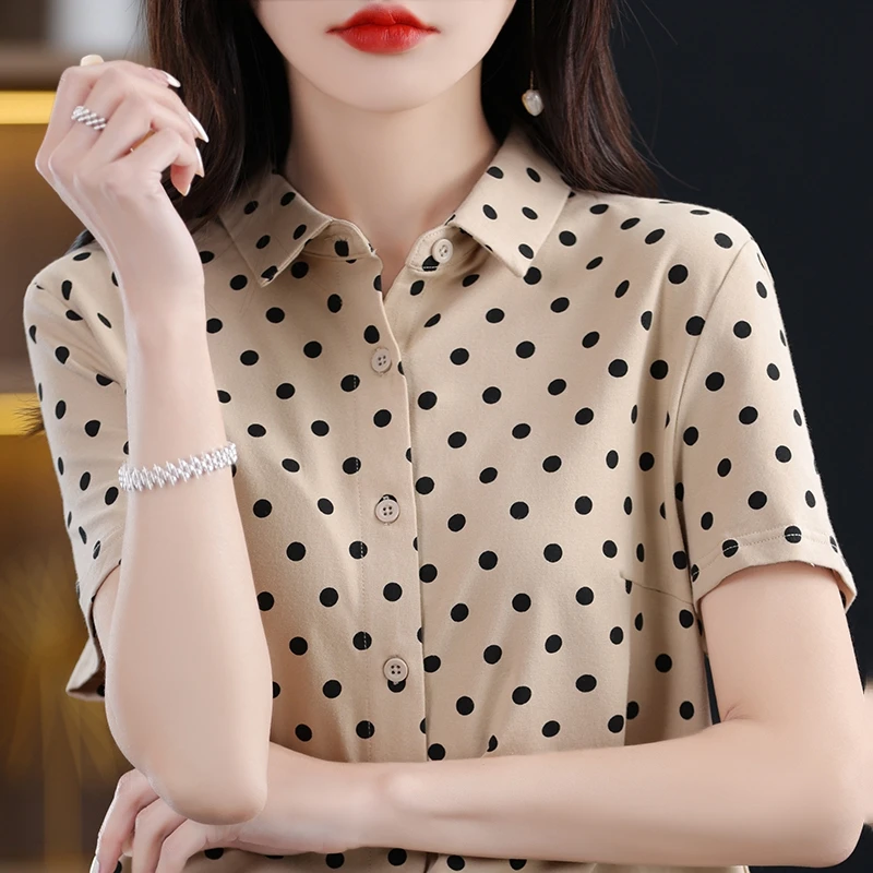 

Pure cotton shirt women's long sleeved POLO collar cardigan spring and summer new loose and fashionable polka dot versatile top