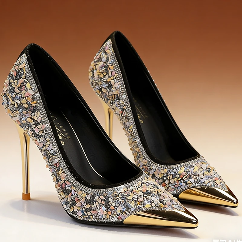 Glitter Sequins High HeelsPointed Toe Metal Cap Thin Heel Shiny Crystal Rhinestone Stiletto Pumps Elegant Party Wedding Shoes