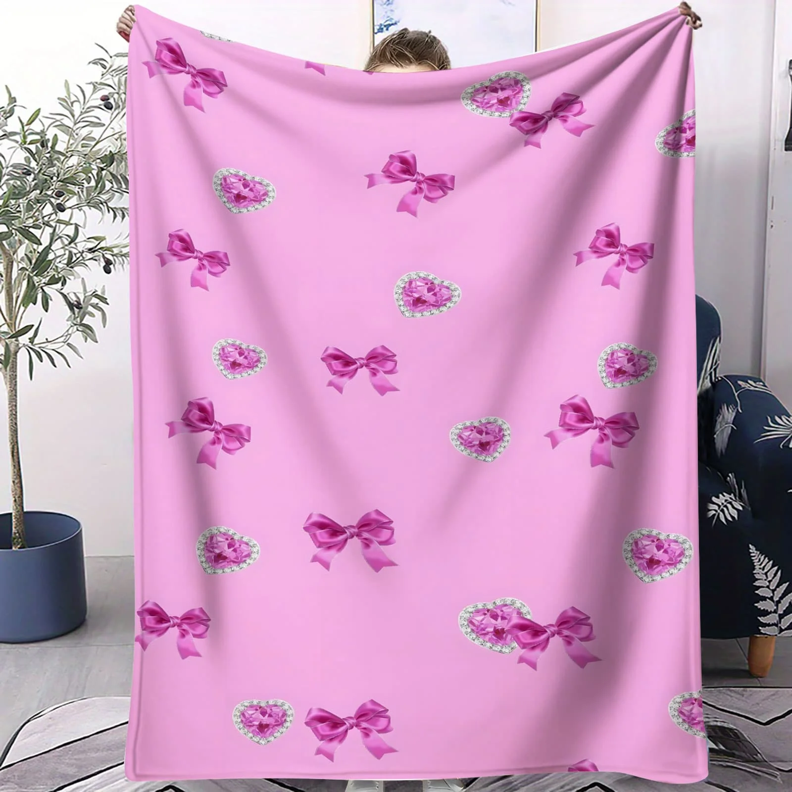 Coperta per aria condizionata con cuore rosa con fiocco, modello romantico cartone animato, coperta per pisolino, divano e letto, regalo morbido per ragazze e donne