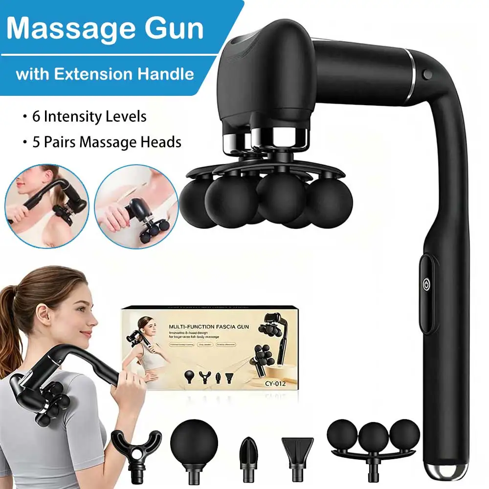 Massagepistole für Tiefengewebe mit verlängertem, abnehmbarem Griff, revolutionäre, gebogene Form, 5-Kopf-Rückenmassagegerät, Körpermassagegerät für Nacken, Schultern und Beine
