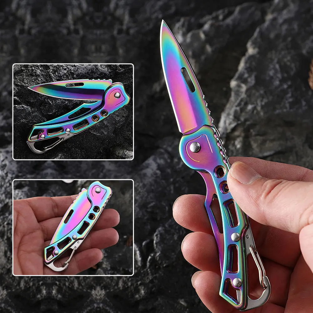 2pcs Cool Multi-Function Outdoor Folding Knife (multi-colored titanium) ，Keychain Pendant, Portable， for Camping & Daily Use