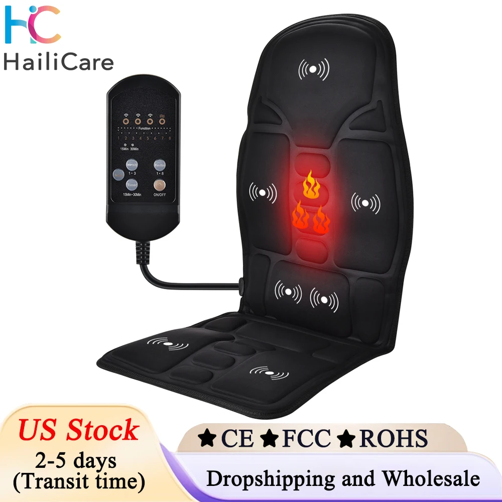 

US Stock Electric Back Massager Massage Chair Cushion Heating Vibrating Car Home Office Lumbar Neck Mattress Pain Relief