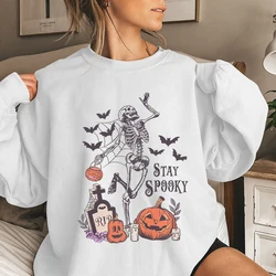 Mulheres Stay Spooky Moletons, gola redonda, manga comprida, casual, grandes dimensões, esqueleto, abóbora, estampa de morcego, moletons para o Halloween