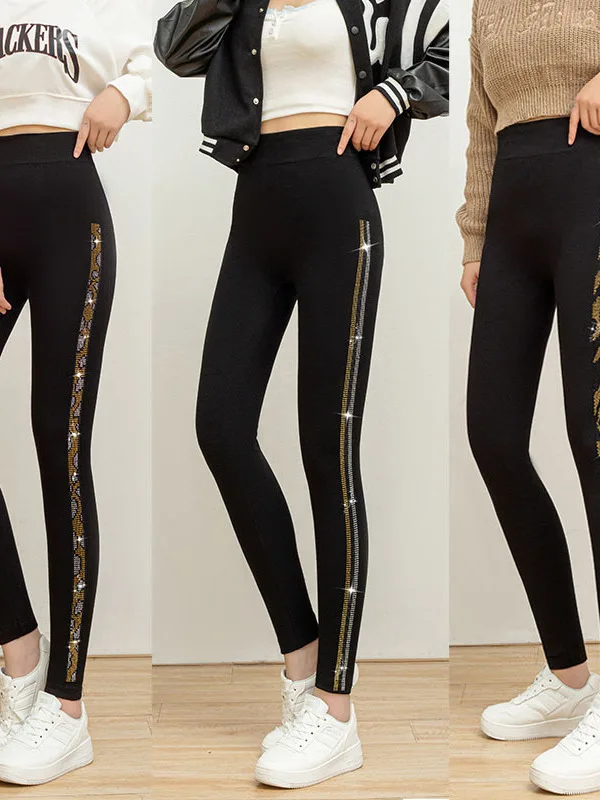 ゴールドラインストーンレギンス レディースファッション ハイウエスト ナインポイント ベース ロングパンツ キラキラ輝くスパンコール スリムフィット カジュアルパンツ