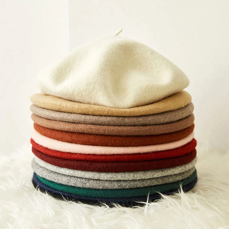 Winter 100%% Wool Black Beret Hat - French Beret -Solid Color Beret Cap for Women Girls Spring Autumn