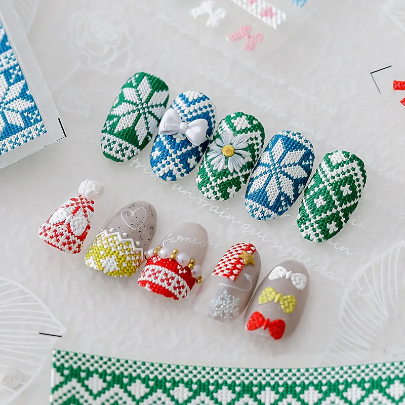 5D Stereoscopic Relief Nail Stickers Christmas Sweater Design Self Adhesive High Quality Glossy Vinyl for Women Daily Party