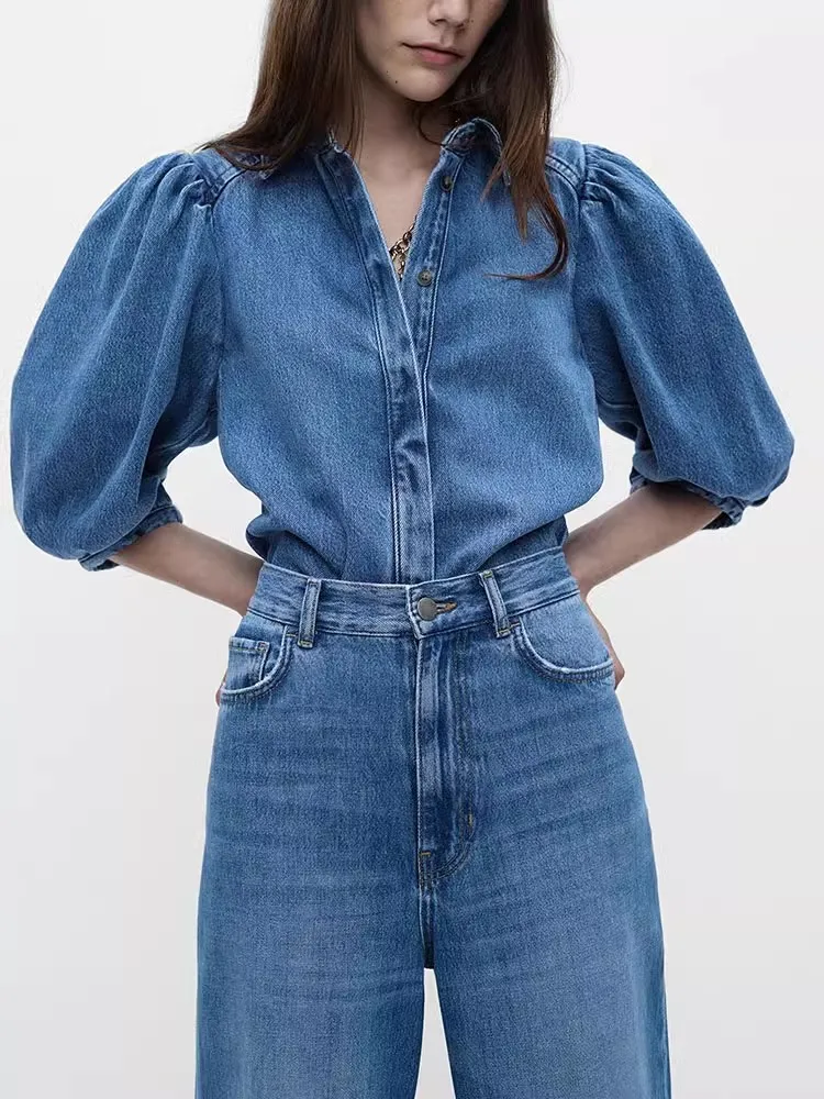 

Spring 2025 Women's Denim irt with Puffy Sves And Denim Pants Commute Sle Slim Fit Jeans Fabric Long Sve Zipper Clo...