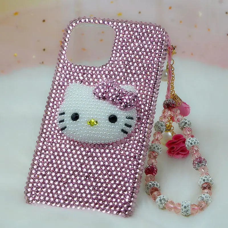 Hello Kitty Suitable for iPhone 11 12 13 Pro Max iPhone Xs Handmade 14 Phone Case 8 plus Pink Rhinestone Cat Head 15