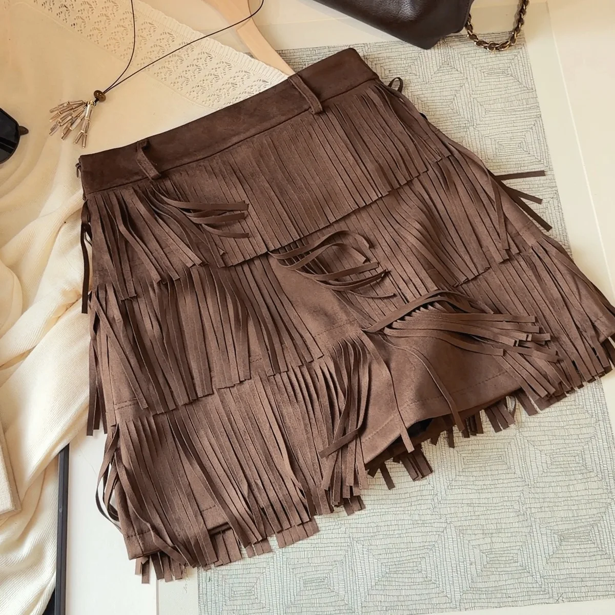 Niche Design Sense Fringed Suede Skirt Women's Autumn New Retro High Waist A Word Spice Girl Tassel Hip Wrap Skirt