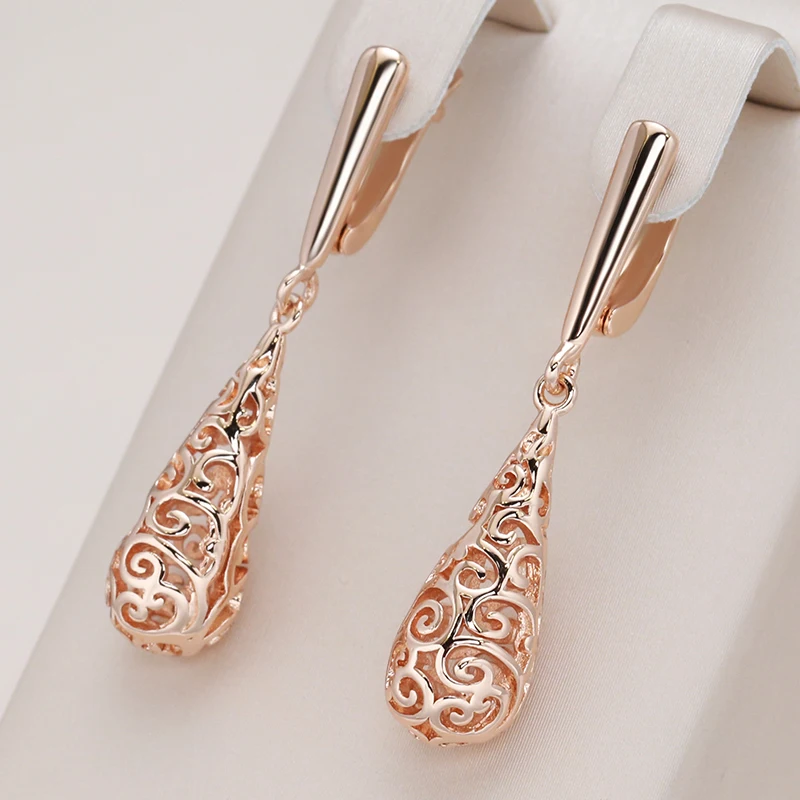 Kinel New Ethnic Bridal Long Dangle Earrings 585 Rose Gold Color Wedding Jewelry Unusual Hollow Flower Daily Earrings For Women