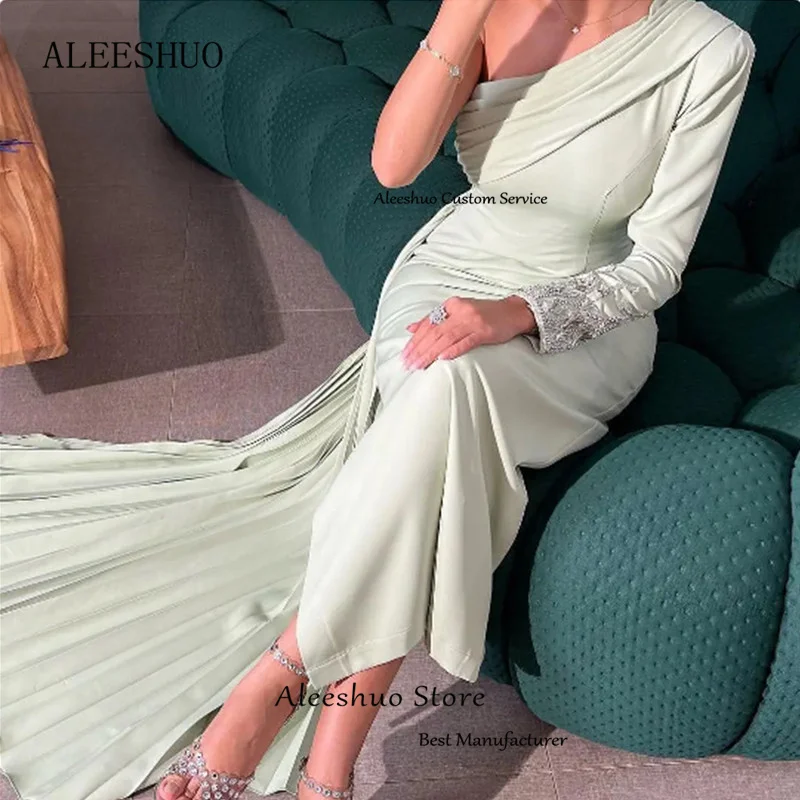 Aleeshuo Elegant Straight Long Sleeves Pleated One Shoulder Evening Dresses Satin Beading Sexy Formal Party Dress Ankle Length