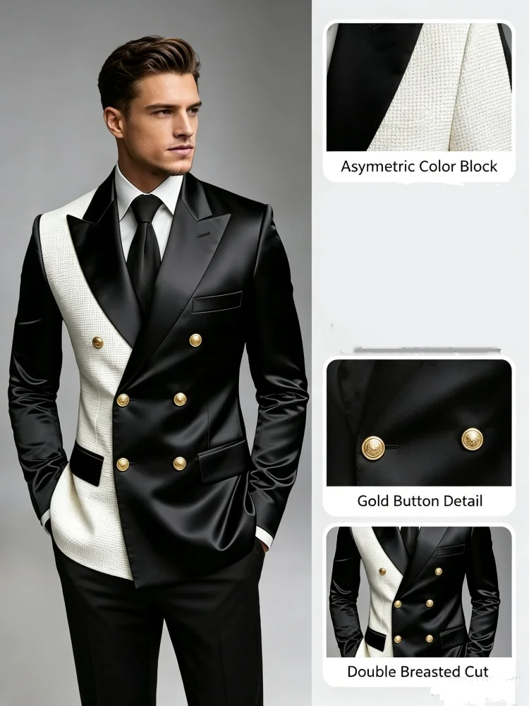Men Asymmetric Spliced Double Breasted Blazer Black Satin & White Tweed Contrast Gold Buttons Slim Fit Wedding Stage Groom Tuxed