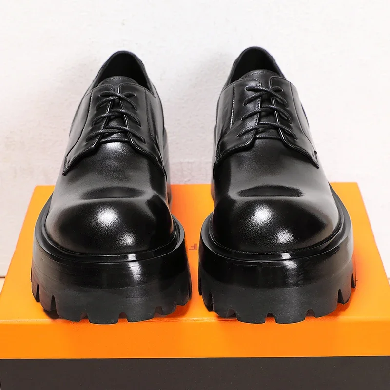 

Men's Summer Genuine Leather British Thick Sole Invisible Inner Height 8cm Big Head Leather Shoes Wedding Groom Shoes