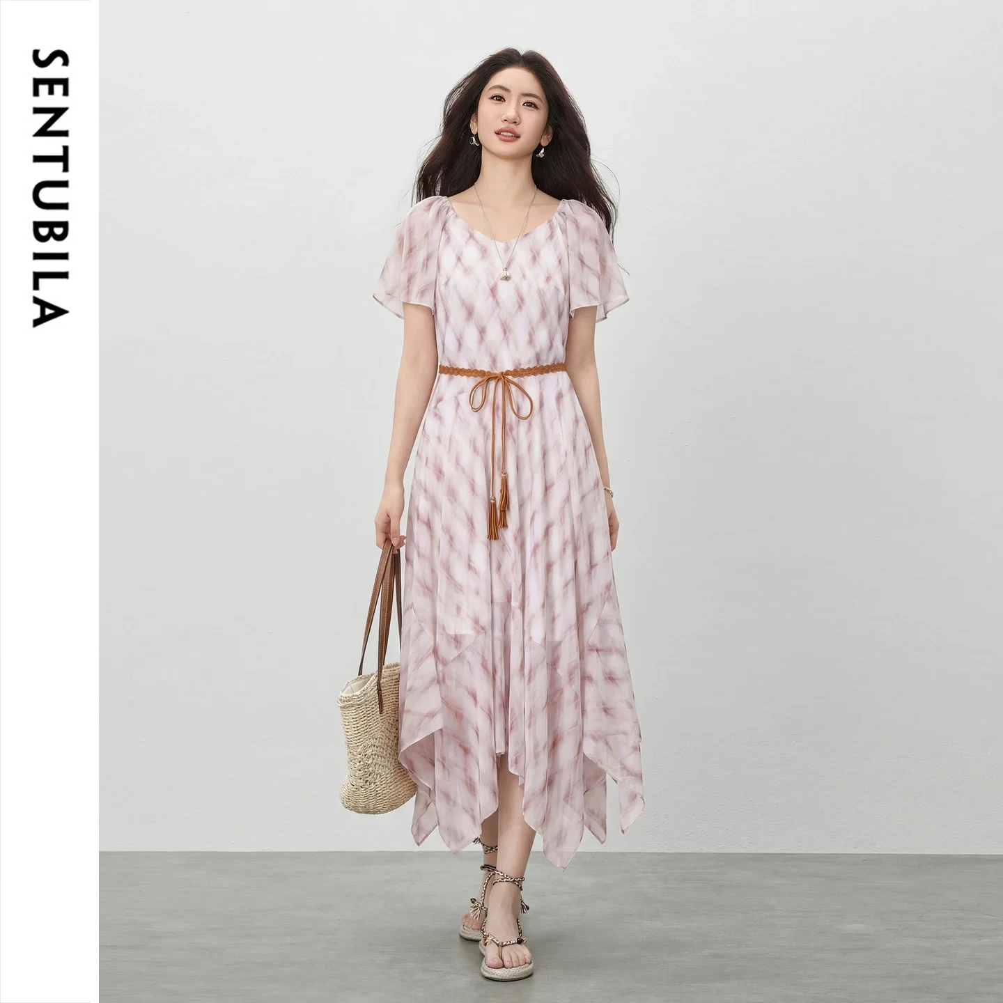 SENTUBILA Elegant A-Line Printed Dress 2026 Summer Fashion Color Contrast Belt Asymmetrical Hem Flutter Sleeve Dress 162LO7111