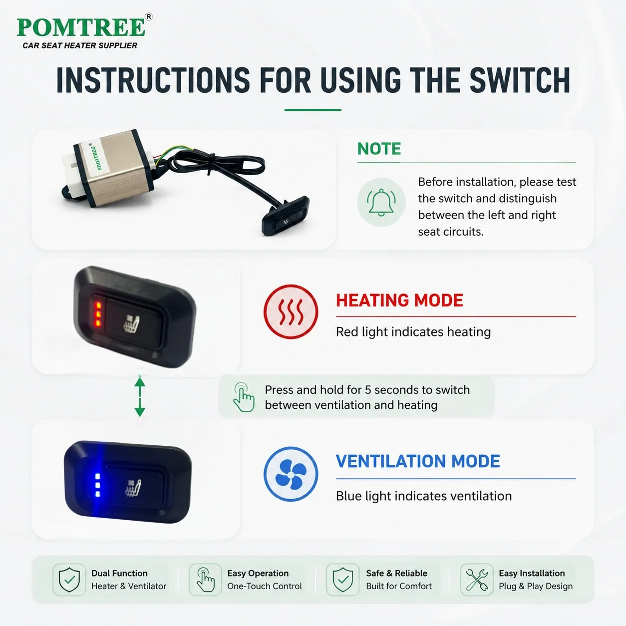 12V Built-in Car Seat Heating & Ventilation System Kit Fit 1 Seat,3-level Co Pilot Switch Fit Universal Car,For Four Seasons
