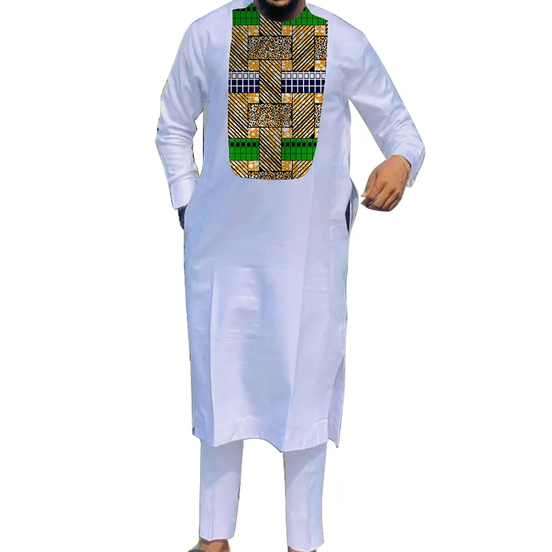 African Muslim Robe White Men\'s Sets Middle Eastern Clothing Patchwork Long Shirts+Solid Trousers Male Wedding Groom Suits