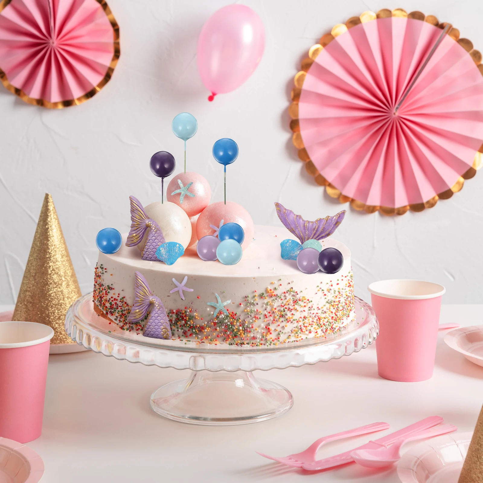 

1Set Mermaid Cake Decorations Detailed Sea Life Balloon Cake Toppers Party Cupcake Picks Dessert Decor Decorative Ball Topper