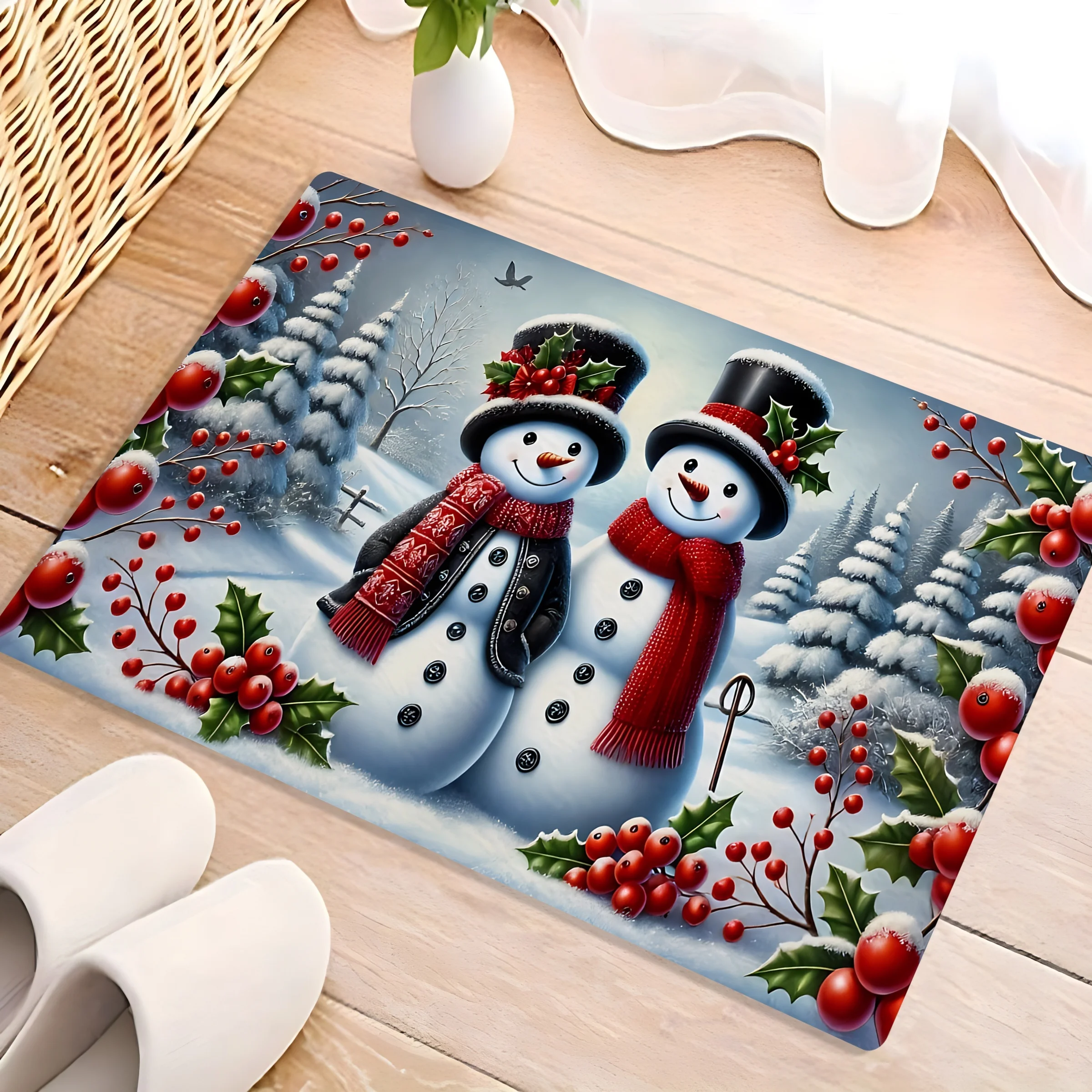 A High-Quality Polyester Rug with a Christmas Theme, Featuring a Design of Snowmen Leaning on Each Other in The Snow, Suitable