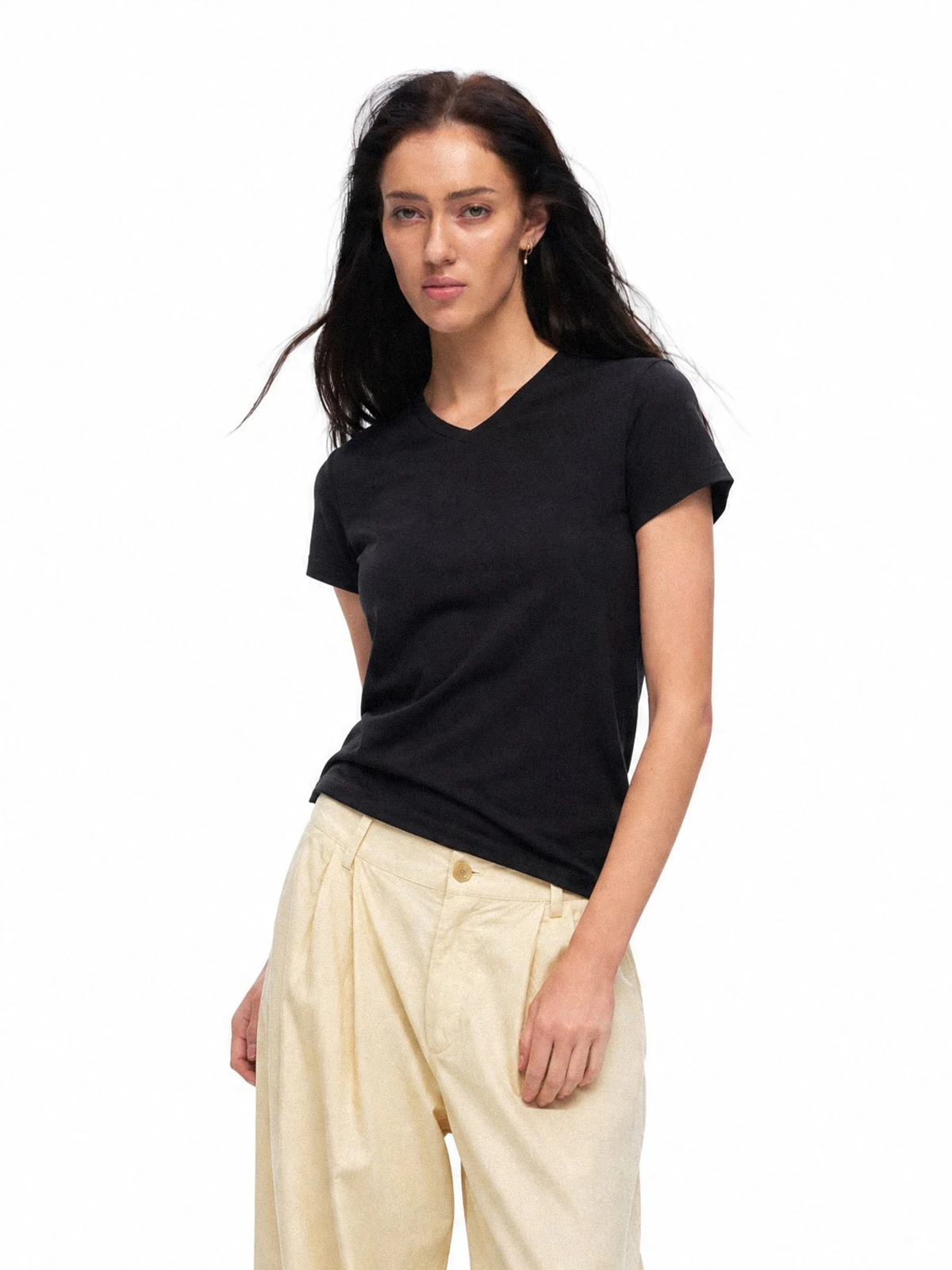 TDDP Basic V-Neck Short Sleeve Bamboo Cotton Slim Fit Top Women's Casual Style Summer T-Shirt City Walk Universal Fit Loose Type