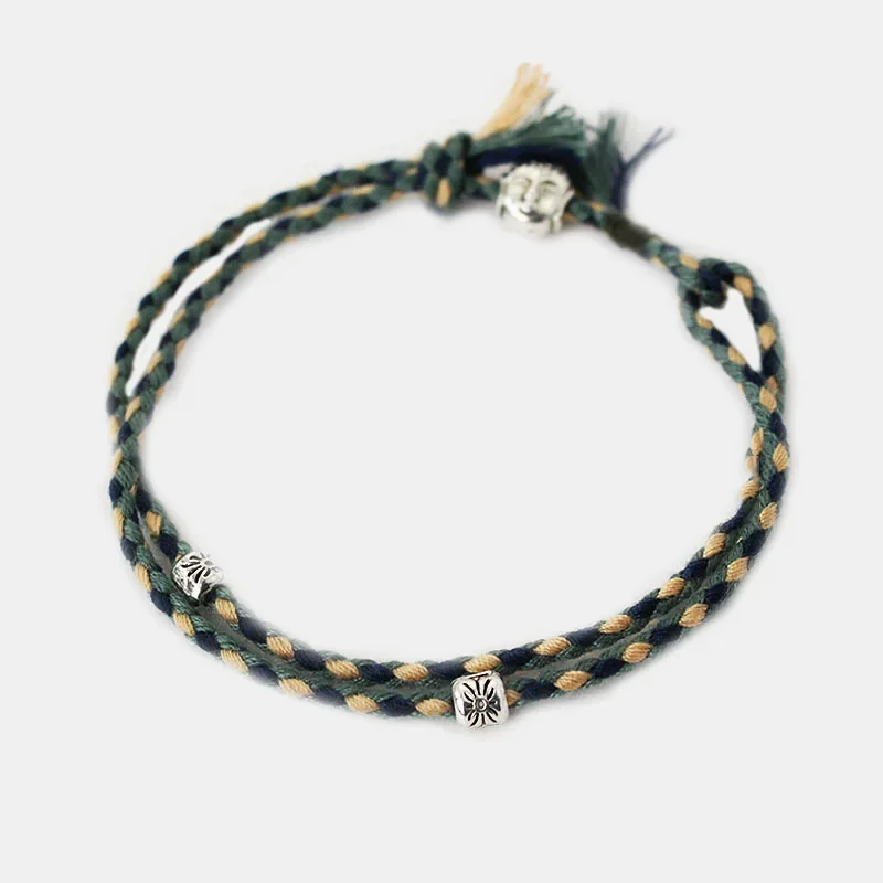 Buddhism Braided Bracelet Lucky Rope Handmade Tibetan Silver Buddha Head Bracelet Double Layers Adjustable Mixed Color