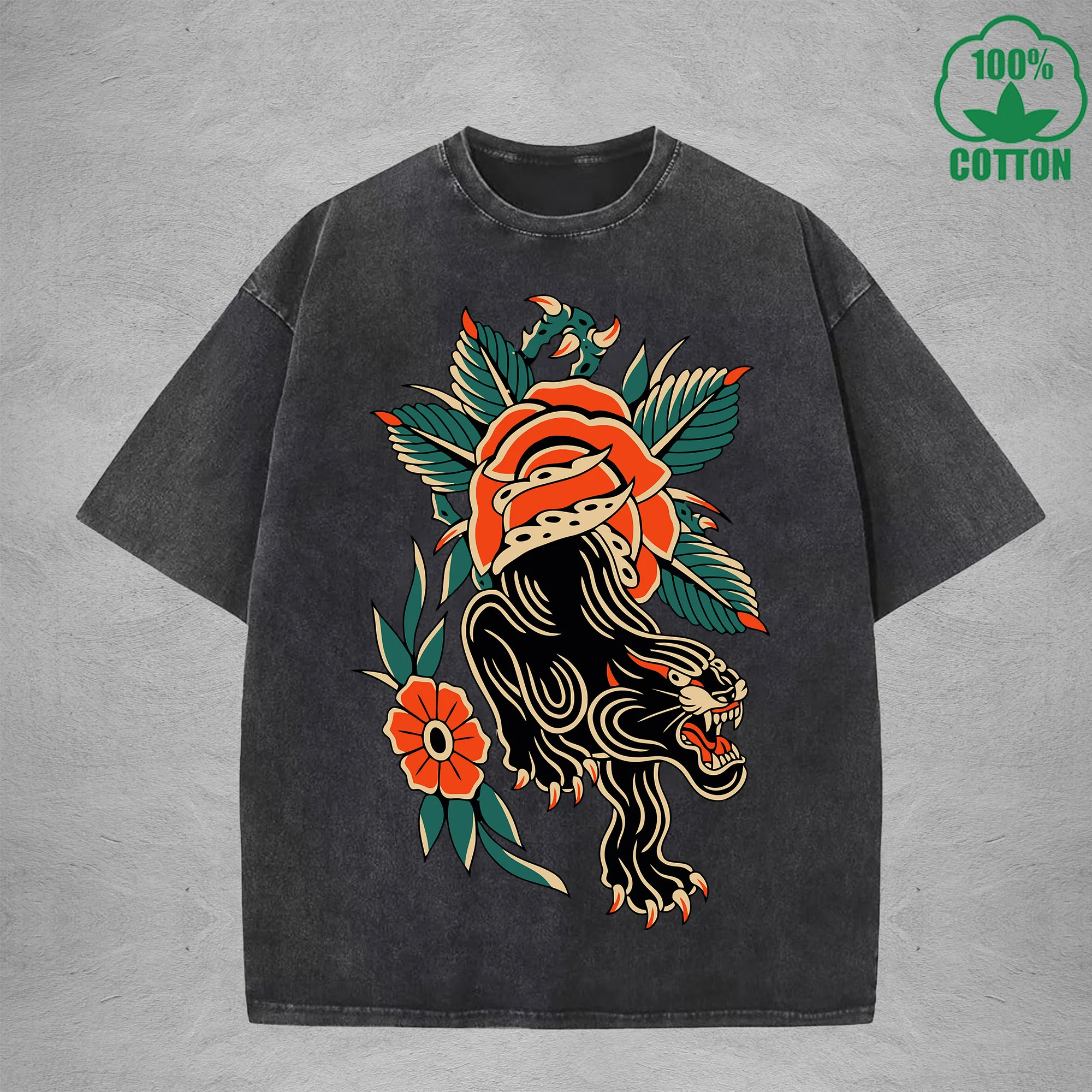 

Black TigerInterest Printed Washed T-Shirt 230G Multicolor Loose Trendy Fashionable 100%Cotton Short Sleeve Top