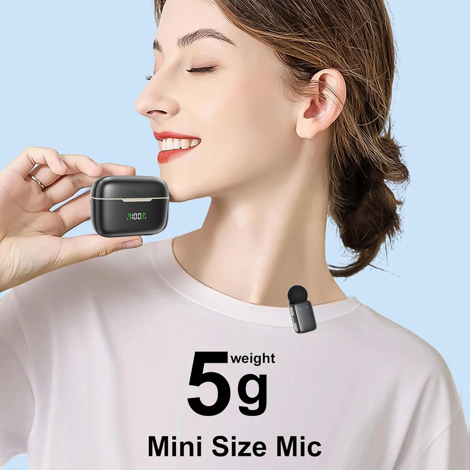 Micrófono de solapa inalámbrico portátil con estuche de carga, plug & play, para grabación de video, vlogs, entrevistas y streaming 5