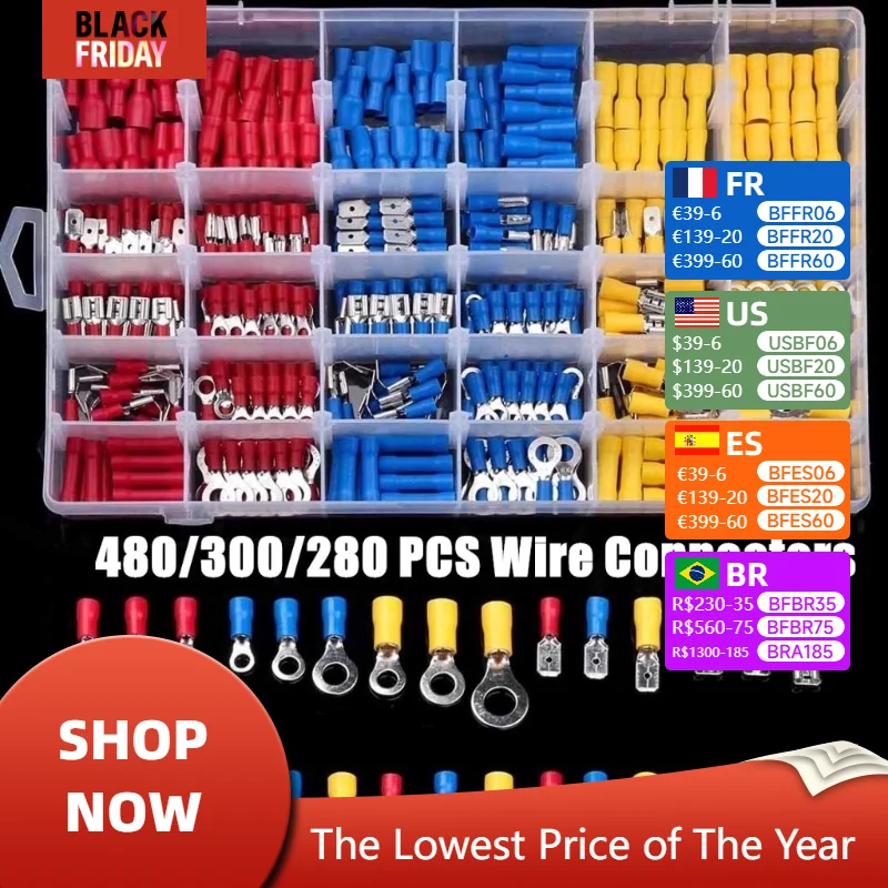 Insulated Cable Connector Electrical Wire Crimp Spade Butt Ring Fork Set Ring Electric Crimp lugs Rolled Terminals Assorted Kit