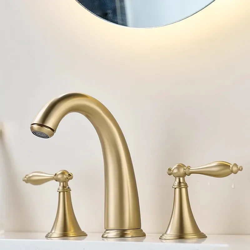 Brushed Gold Bathroom Faucet Total Brass  Basin Widespread Sink Faucets 3 Hole Hot And Cold Waterfall Water Tap