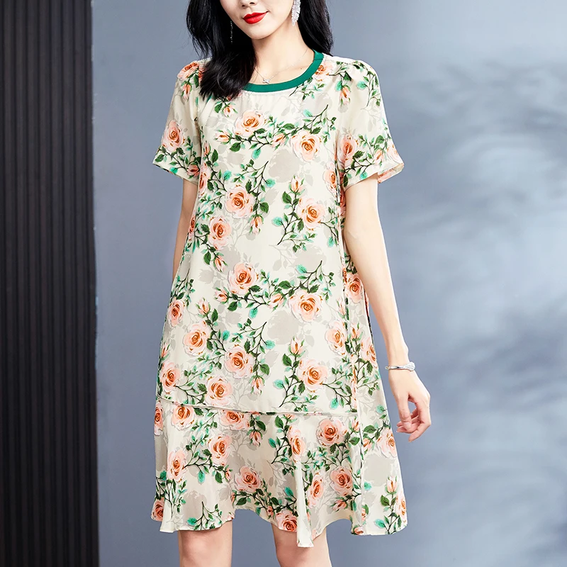 

100% Real Silk Women's 2024 Summer Dresses Elegant O-neck Short Sleeve Ruffles Women Floral Dress Woman A-line Mid Dress Casual