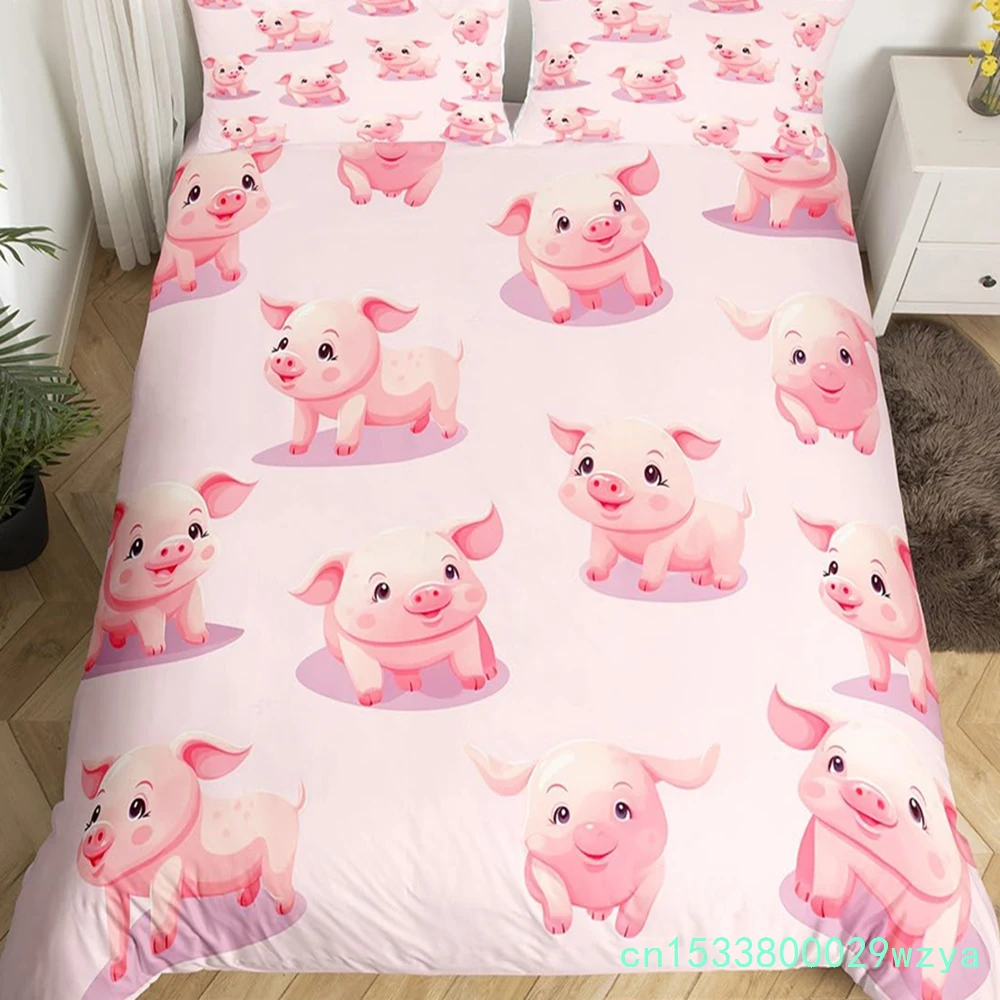Pink Pig Bedding Set King Queen Sleeping Pig Duvet Cover For Kids Boys Girls Kawaii Animals Comforter Cover With 2 Pillowcases