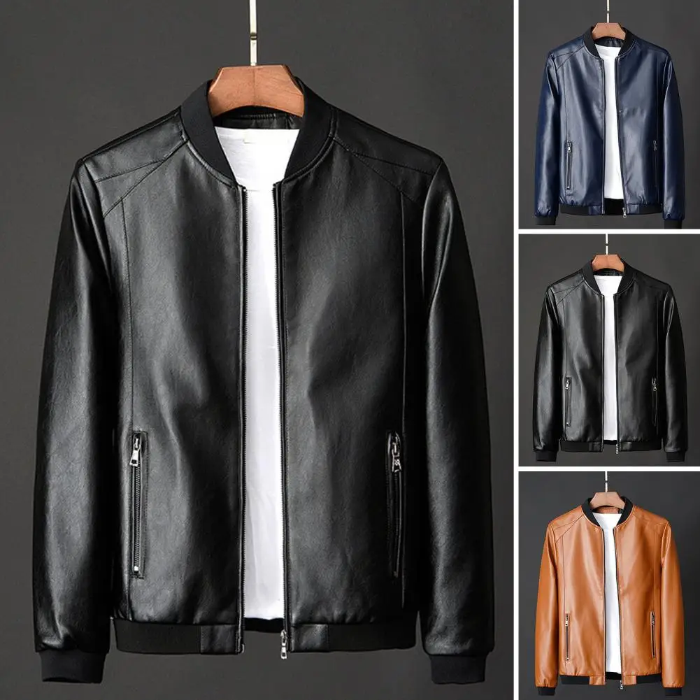 2023 Fashion Men's Leather Jacket Slim Fit Stand Collar PU Coat Male Windproof Motorcycle Lapel Diagonal Zipper Outerwear