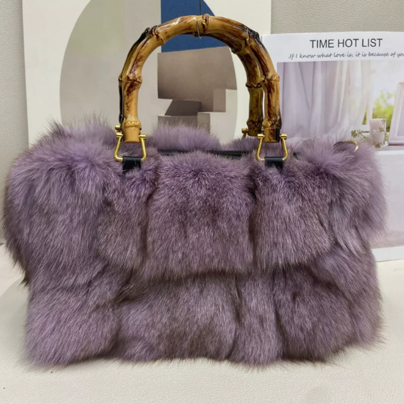 Women Leopard pattern Winter Real Fox Fur Handbag Luxury Genuine Fur Party Bag Tote Designer High Quality Real Silver Fox Fur