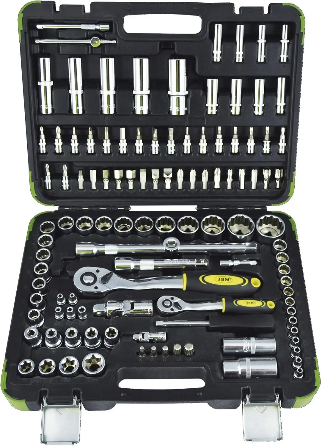 JBM 50791 – حافظة أدوات مكونة من 113 قطعة مع مقابس 12 نقطة في العلبة (مطلي بالزنك) باللون الأخضر