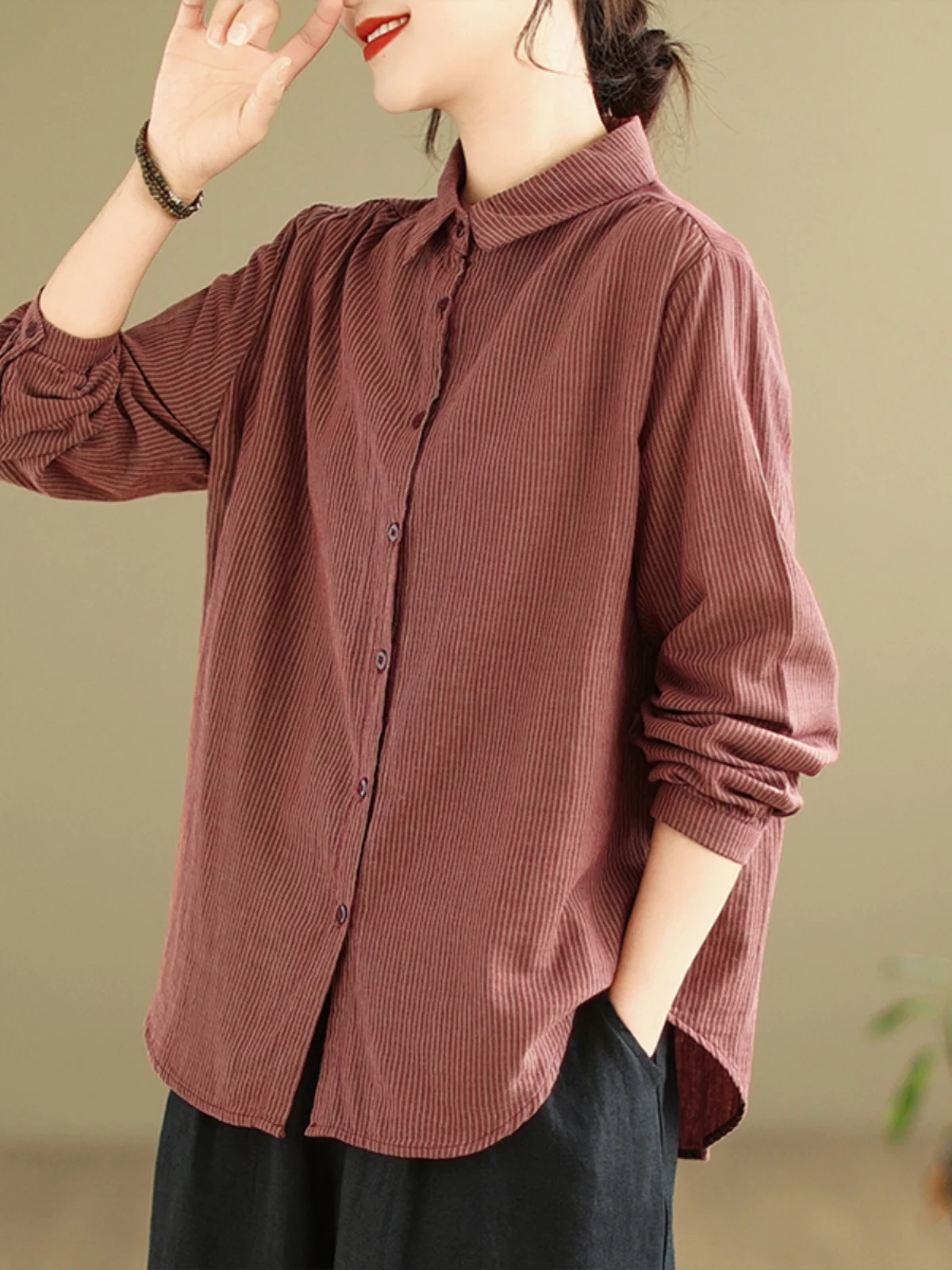 بلوزة نسائية كاجوال طويلة من القطن Sve بياقة مخططة وأزرار لأعلى وفضفاضة مناسبة للتنقل لربيع الخريف #3