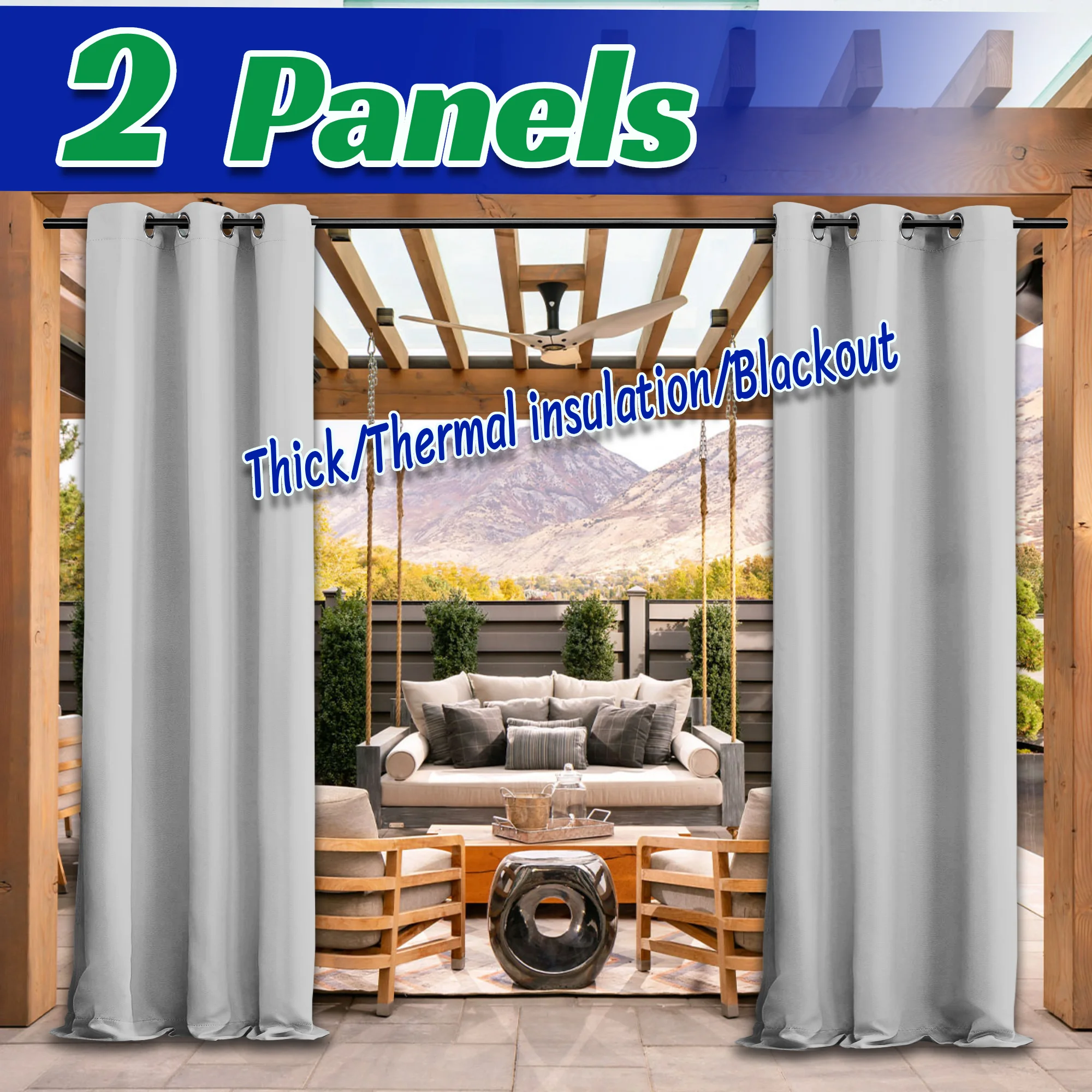 2PCS Outdoor Blackout Heavy Curtains, Privacy , Top Grommet Design, Windproof and Waterproof, Suitable for Porch and Gazebo