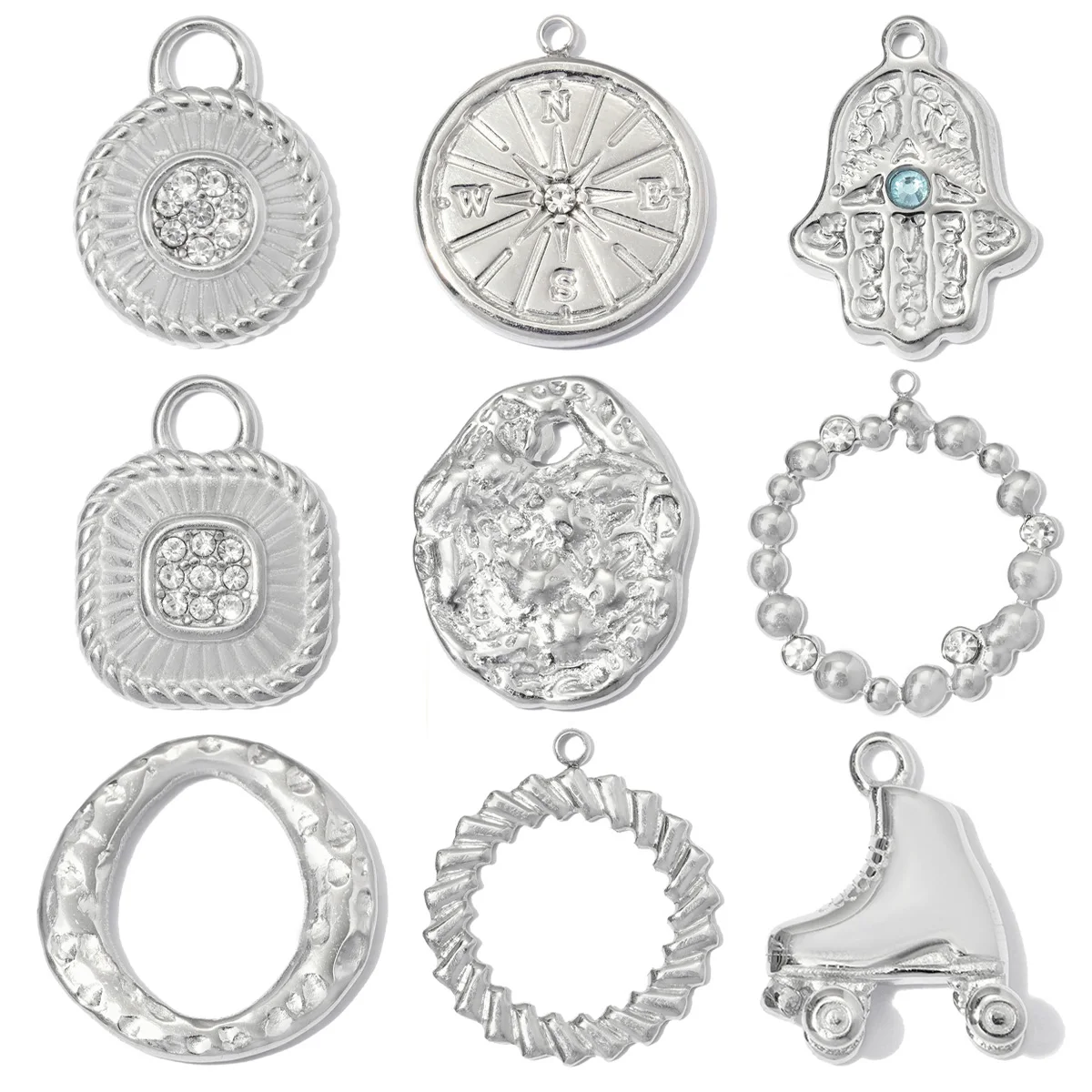 3pcs/Lot Stainless Steel Rhinestone Circle Round DIY Earring Charm Hand Compass Necklace Pendant Woman Roller Skate Jewelry