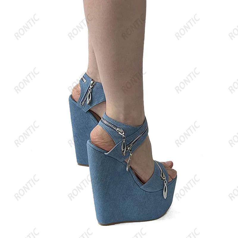 Rontic Real Pictures Women Summer Platform Sandals Wedges High Heels Round Toe Pretty Blue Casual Shoes US Size 5-15