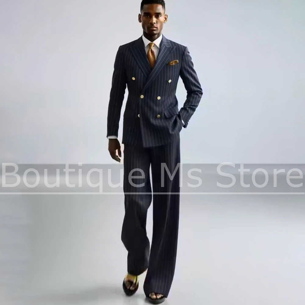 

Navy Blue Men's Striped Suit Double Breasted Business Casual Outfit 2 Piece Wedding Party Gentleman Tuxedo Jacket and Pants