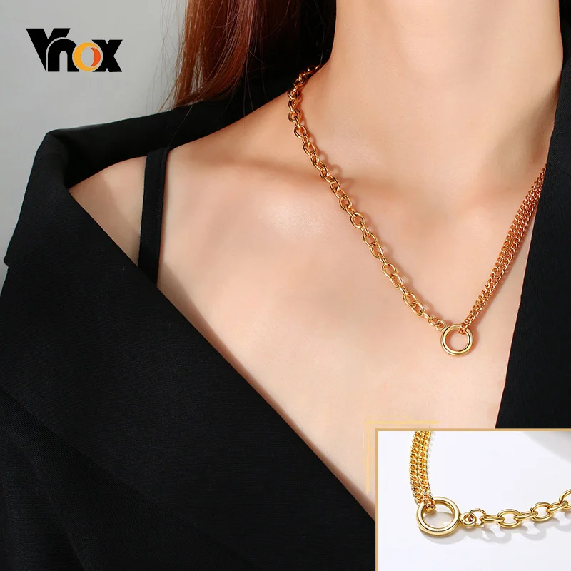 Vnox Women's Simple O Chain Necklaces Gold and Silver Color Stainless Steel Metal Link Length Adjustable Choker Collar Jewelry