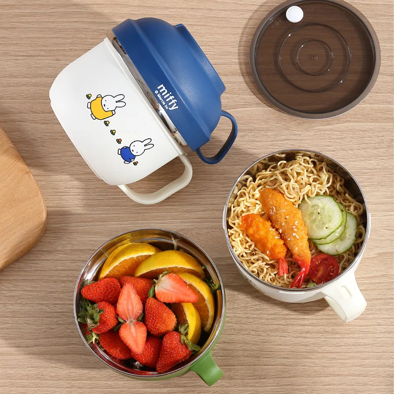 Fiambrera de acero inoxidable con conejo Miffy Kawaii, cuenco de fideos instantáneo cubierto con dibujos animados para estudiantes, vajilla portátil para niños