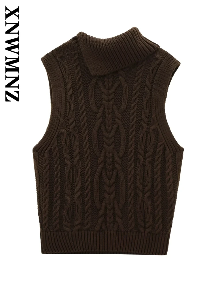 XNWMNZ Woman 2024 New Autumn Fashion Stand Collar Knit Screw Thread Sweater Gilet Female Casual Sleeveless Solid Color Vest Top