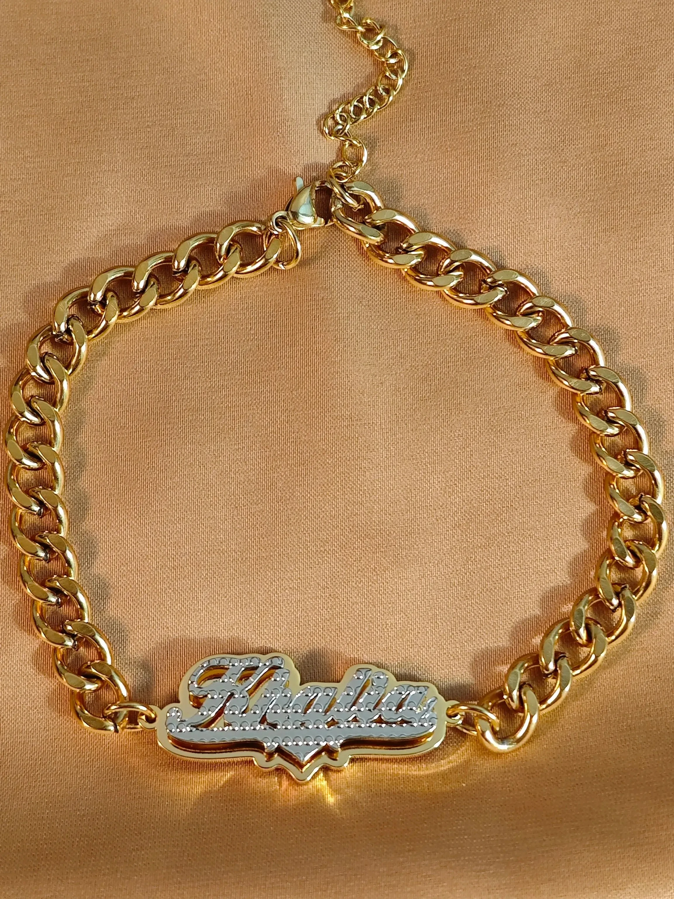 Customized Name Bangles Double Layer Two Tone Heart Nameplate Cuban Chain With Heart Personalized Custom Name Bracelet For Women