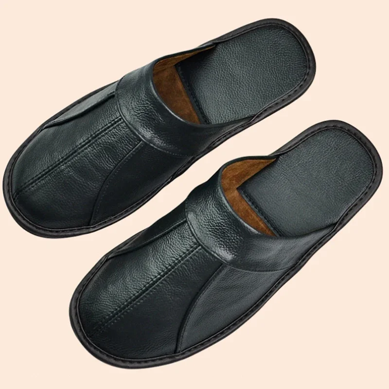 Men\'s Luxury Cow Split Leather Handmade Men Home Slippers Spring Slip on Soft Comfortable Black Brown Bedroom Indoor Flat Shoes