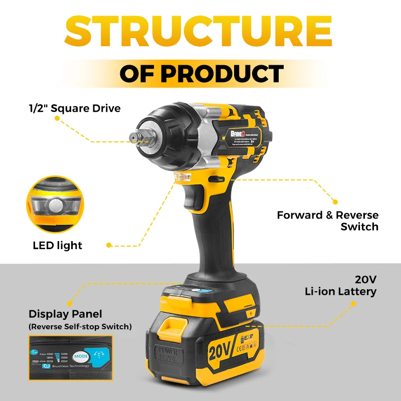 BABEQ 1800N.M 20V Brushless Electric Impact Wrench Cordless Wrench 1/2 inch Socket Wrench Rechargeable Li-on Battery Plastic Box