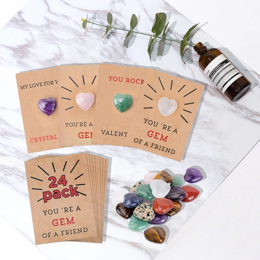 การ์ดวันวาเลนไทน์12/24แพ็คพร้อมหินรูปหัวใจบัตรวาเลนไทน์สำหรับชั้นเรียนเด็กหญิงเด็กชายห้องเรียนโรงเรียน