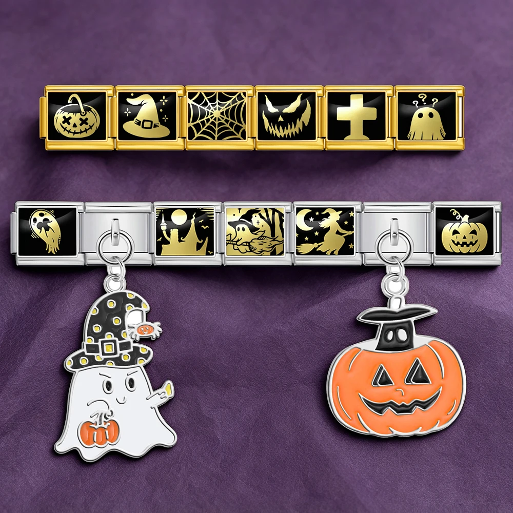 9mm Italienische Armband-Charms in Großpackung: Geister-, Kürbis-, Hexenhut-, Zauberer-Perlen, Halloween-Thema, Edelstahl, DIY-Schmuckdesign-Perlen – Detail 1