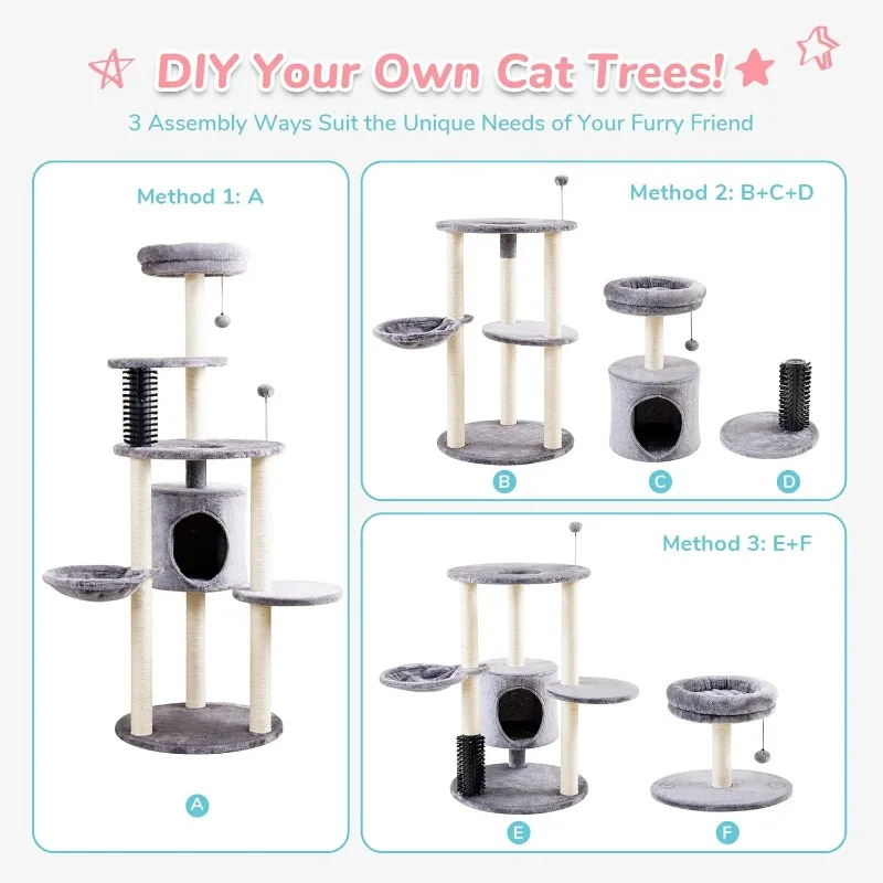 Cat Tree, Cat Scratching Post 4-in-1 with Cats Self Groomer Brush, Soft Plush Perch Bed with Dangling Ball for Indoor Kittens