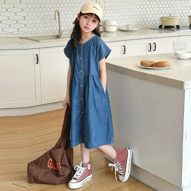 

2024 Korean Summer Junior Girl Denim One-piece Dress Children Girl Single-breasted Short Sleeve Dress School Girl Straight Dress